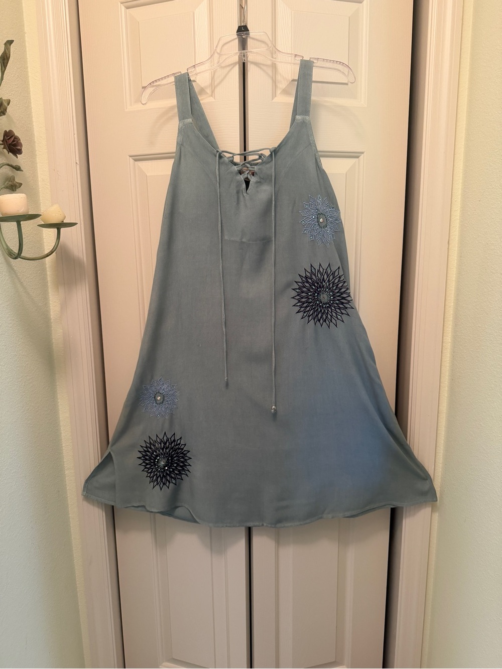 Sleeveless Lace-Up Midi Dress with Floral Embroidered Accents — Light Blue